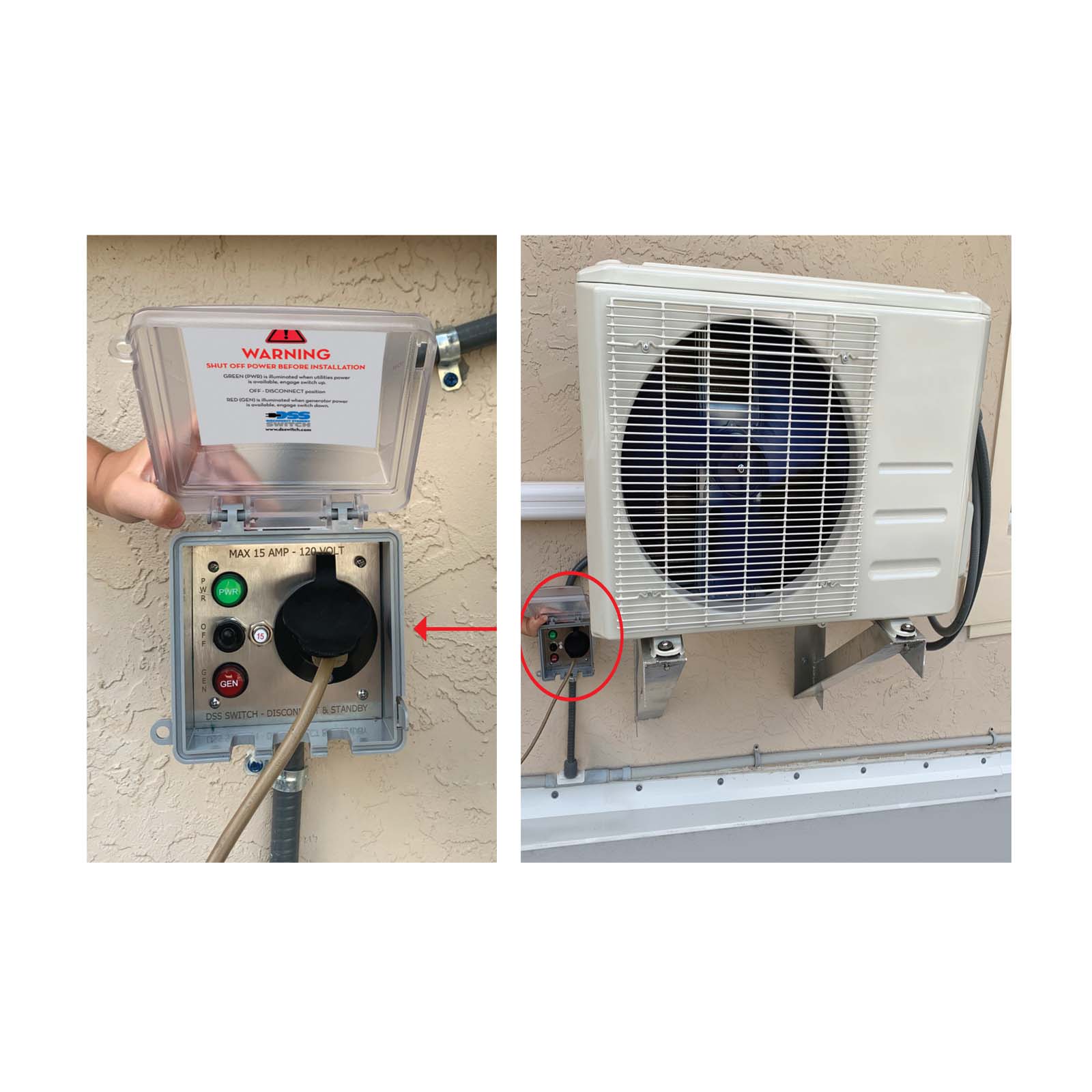 Mini Split Disconnect with Generator Standby Plug and Switch 240v 30Amp DSS30